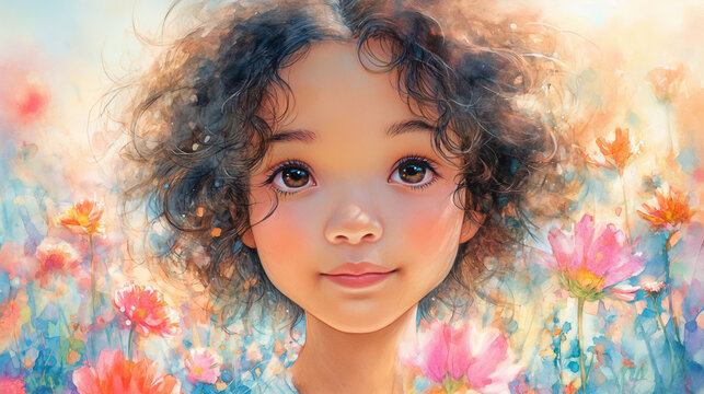 Small girl with curly hair and black eyes is around the colourful flowers. Happy childhood concept. Watercolour illustration. Selective focus. 