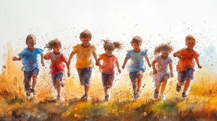 Happy childhood concept. Colourful silhouettes of children are running on white background. Selective focus. Watercolour illustration. Copy space 