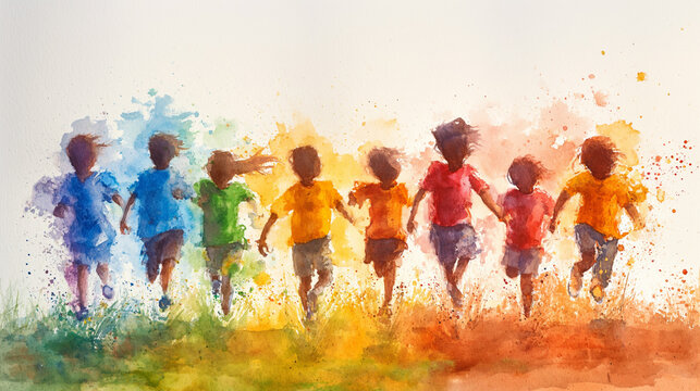 Colourful silhouettes of children are running on white background. Selective focus. Happy childhood concept. Watercolour illustration.