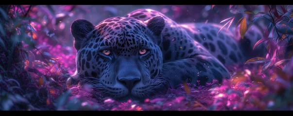 Afwasbaar fotobehang Jaguar, violet vortex. Majestic Jaguar Portrair under violet, pink lights. © Noize