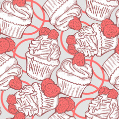 Tasty sweet cupcake dessert decorative seamless pattern for textile design, fabric print, digital or wrapping paper, wallpaper, background and backdrop, bakery shop decoration, cafe, restaurant menu.