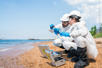 Scientists biologists and researchers in protective suits taking water samples from waste water...