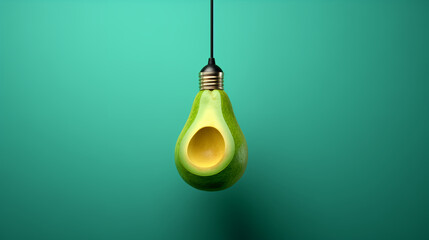 Eco-friendly energy idea, featuring a minimalist background with a avocado hanging from a bulb socket, symbolizing the fusion of sustainable power and environmental consciousness. - obrazy, fototapety, plakaty