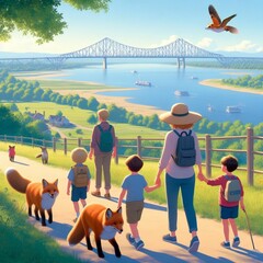 Obraz premium A family is taking a walk in Mississippi in sunny weather and they have dogs and foxes. The view is very beautiful.