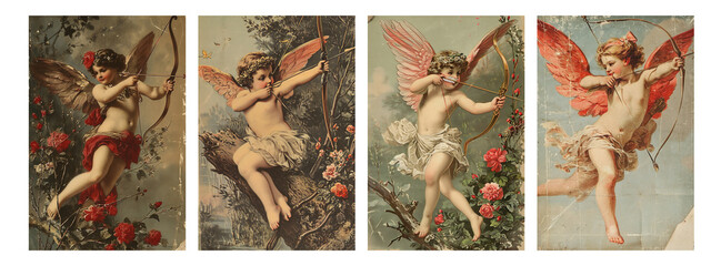 Imitation of old retro vintage cards, typographic printing. Valentine's Day Cupid with bow and arrow shoots. Nostalgic trend. Set of vertical cards in the same style