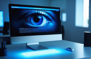 Computer Monitor with Blue Neon Eye on the Screen standing in the Modern Office or Clinic....