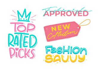 Cute colorful hand lettering phrase for fashion sales marketing in vector set illustration.