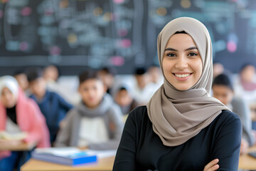 Teacher smiling, students in background learning, woman with hijab giving lessons