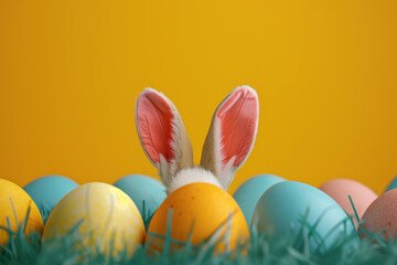 An Easter-themed photo showcasing a colorful egg adorned with cute bunny ears, radiating joy and playful holiday spirit.