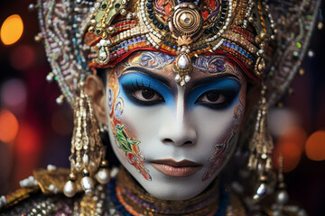 Fototapeta na wymiar Generative AI picture of person adorned with facial tattoos of traditional art elebrating festival
