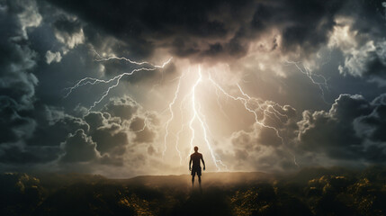 Fototapeta na wymiar Man and lightning from heaven