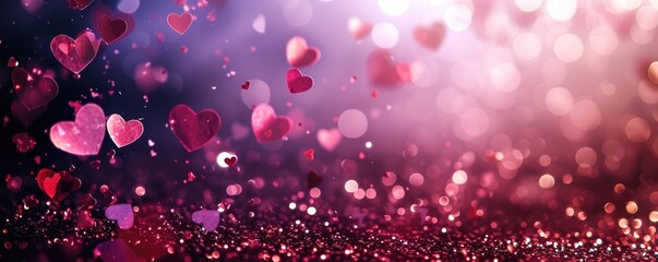 Valentine's day moment Ethereal hearts rise amidst a dreamy backdrop of sparkling bokeh, evoking feelings of love and romance in an enchanting purple hue setting. Ai generative
