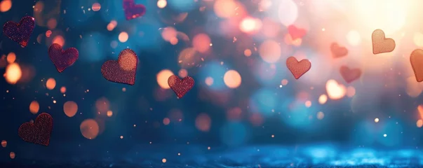 Deurstickers Valentine's day moment Ethereal hearts rise amidst a dreamy backdrop of sparkling bokeh, evoking feelings of love and romance in an enchanting purple hue setting. Ai generative  © qntn