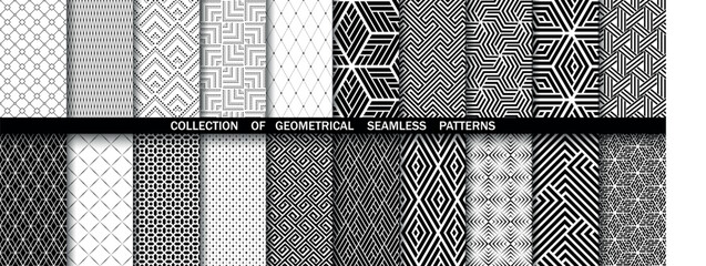 Geometric set of seamless black and white patterns. Simple vector graphics