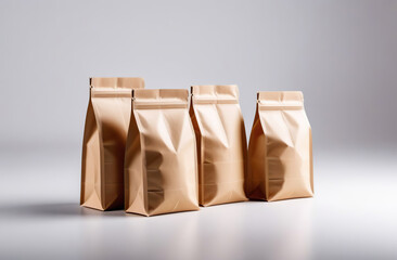 Mock up of kraft brown paper zip bags isolated on gray background. Space for your design, presentation, promo, logo. Blank empty ziplock bags, space for brand name. Empty packaging with clipping path