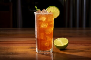 Fototapeta premium Enjoying a Traditional Mexican Michelada Drink, Perfectly Garnished and Served in the Warm Outdoor Light