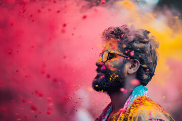Holi festival concept - indian man in splashes of colored powder 