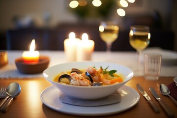 pre-dinner bouillabaisse on a set table with candles