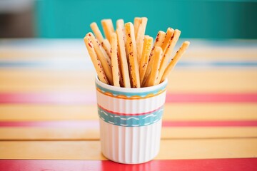 breadsticks standing in a colorful ceramic cup