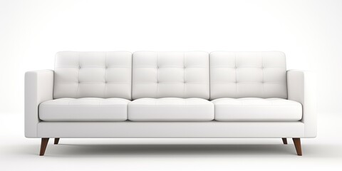 Contemporary white fabric sofa with three seats, isolated on a white background.
