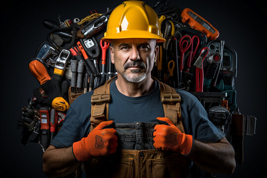Generative ai photo image of a professional male in workwear with tools for repairing renovating and reconstruction