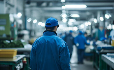 Fototapeta na wymiar Back view of male workers in factory. Wearing in blue.