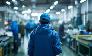 Back view of male workers in factory. Wearing in blue.