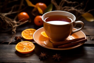 Obraz na płótnie Canvas Enjoying a moment of tranquility with a comforting mug of orange cinnamon tea in soft lighting
