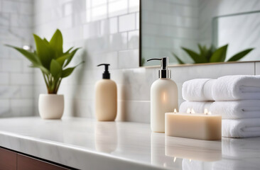 Soap dispenser and white towel on pastel bathroom desk interior. Natural skin care SPA beauty product design. White blank cosmetic bottle. Rest room, bath blurry background. Contemporary interior.