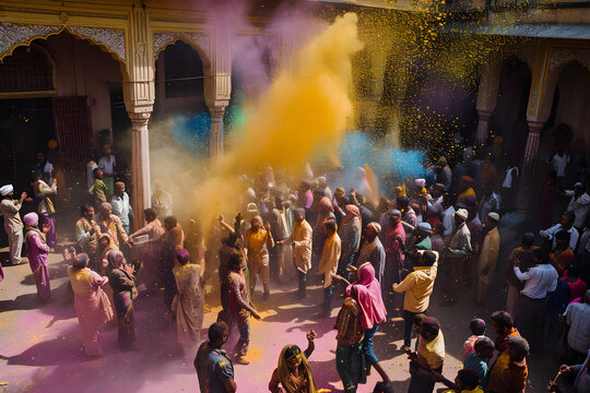 Holi festival celebration - crowd of indian people thowing colored powders