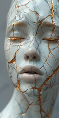 Portrait of a porcelain woman's face repaired with the kintsugi technique and patches of gold.