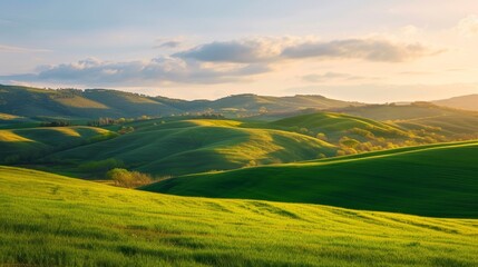 A scenic landscape of rolling hills, for environmental or agricultural stories