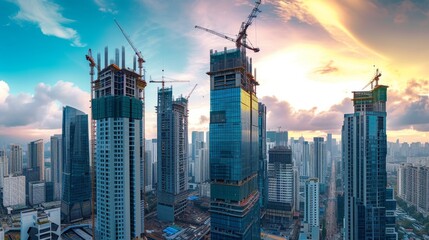 A panoramic view of skyscrapers under construction, for real estate development or urban growth...