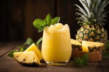 A tantalizingly tangy and sweet ginger pineapple juice served on an old wooden table under the soft morning sunlight