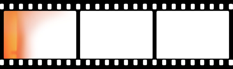 35 mm filmstrip with three frames with red glare and transparent  background (PNG image) for banners, mockups, designs, retro film effects, and light leaks etc.
