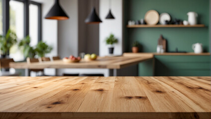 Wooden table top on blur kitchen room