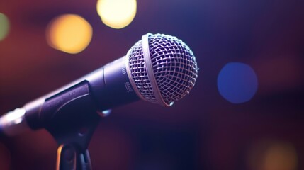 Obraz premium A close-up of a microphone in a stand, representing entertainment or music news