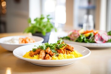 butter chicken over saffron rice with a side salad in a bistro setting