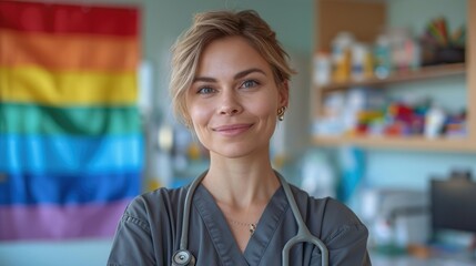 LGBT doctor women in medicine shirt and LGBT rainbow flag on background in medicine office. Generative AI. - obrazy, fototapety, plakaty
