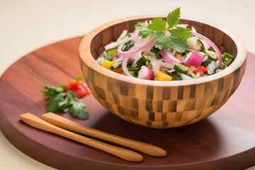 colorful cactus salad with chopped red onion and cilantro in a wooden bowl