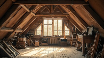 The attic of the loft with wooden beams and tools. Generative AI.