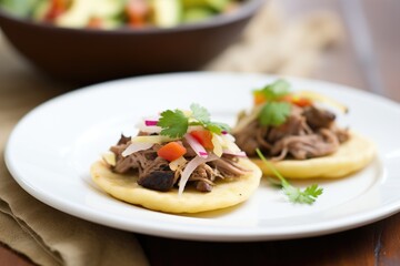 carnitas and black bean stuffed arepas on a white plate