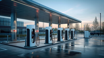 The concept of a filling station for electric vehicles. Generative AI.
