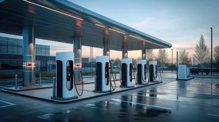 Fotobehang The concept of a filling station for electric vehicles. Generative AI. © visoot