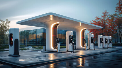 The concept of a filling station for electric vehicles. Generative AI. - obrazy, fototapety, plakaty