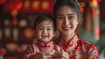 Happy asian family celebrate Chinese New Year. Mother and child in traditional cheongsam.