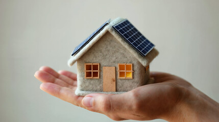 Hand Holding Miniature Felt House with Solar Panel