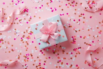 Fototapeta na wymiar Valentine's day Top view of hands holding a gift box with a gold ribbon on a soft pink background, adorned with scattered golden star confetti. Ai generate