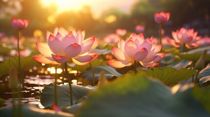 Golden Hour Glow: Shoot the lotus pond during the golden hour (early morning or late evening) when the warm sunlight bathes everything in a soft, golden glow