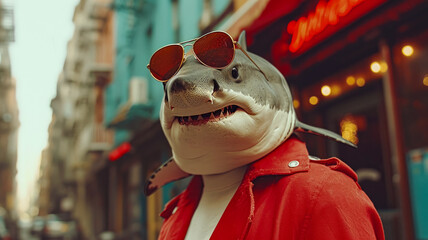 Sleek shark navigates city currents with tailored finesse, embodying street style. The realistic urban backdrop frames this fashionable predator, seamlessly blending aquatic allure with contemporary f